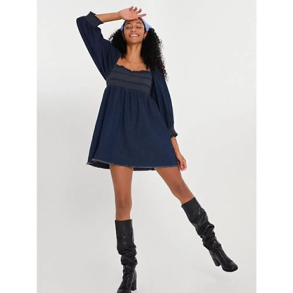 Free People Womens Dark Blue Smocked Balloon Sleeve Bodydoll Mini Dress Medium